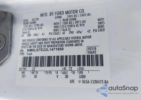 2020 Ford Transit Connect Xl z USA, uszkodzony, nr VIN NM0LS7E22L1471850